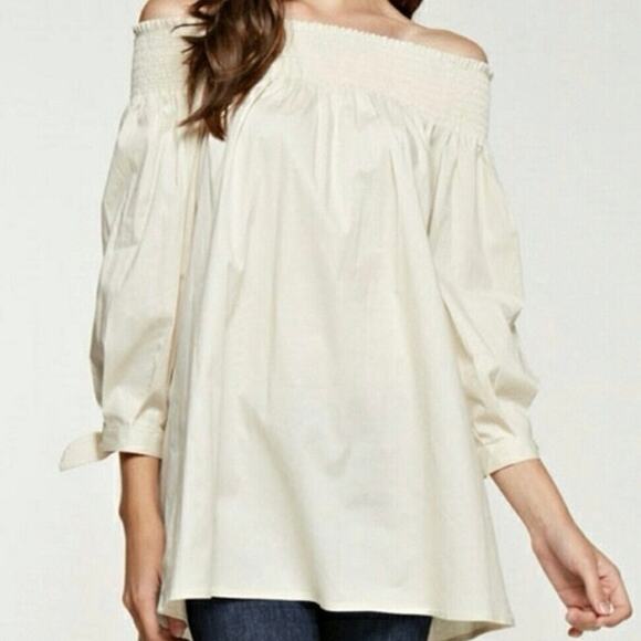 B2V Oatmeal Shoulder Button Tunic balloon sleeves tie at cuff Large - Picture 1 of 6